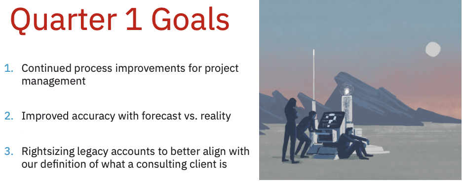 Google slide of Q1 goals from the consulting retro